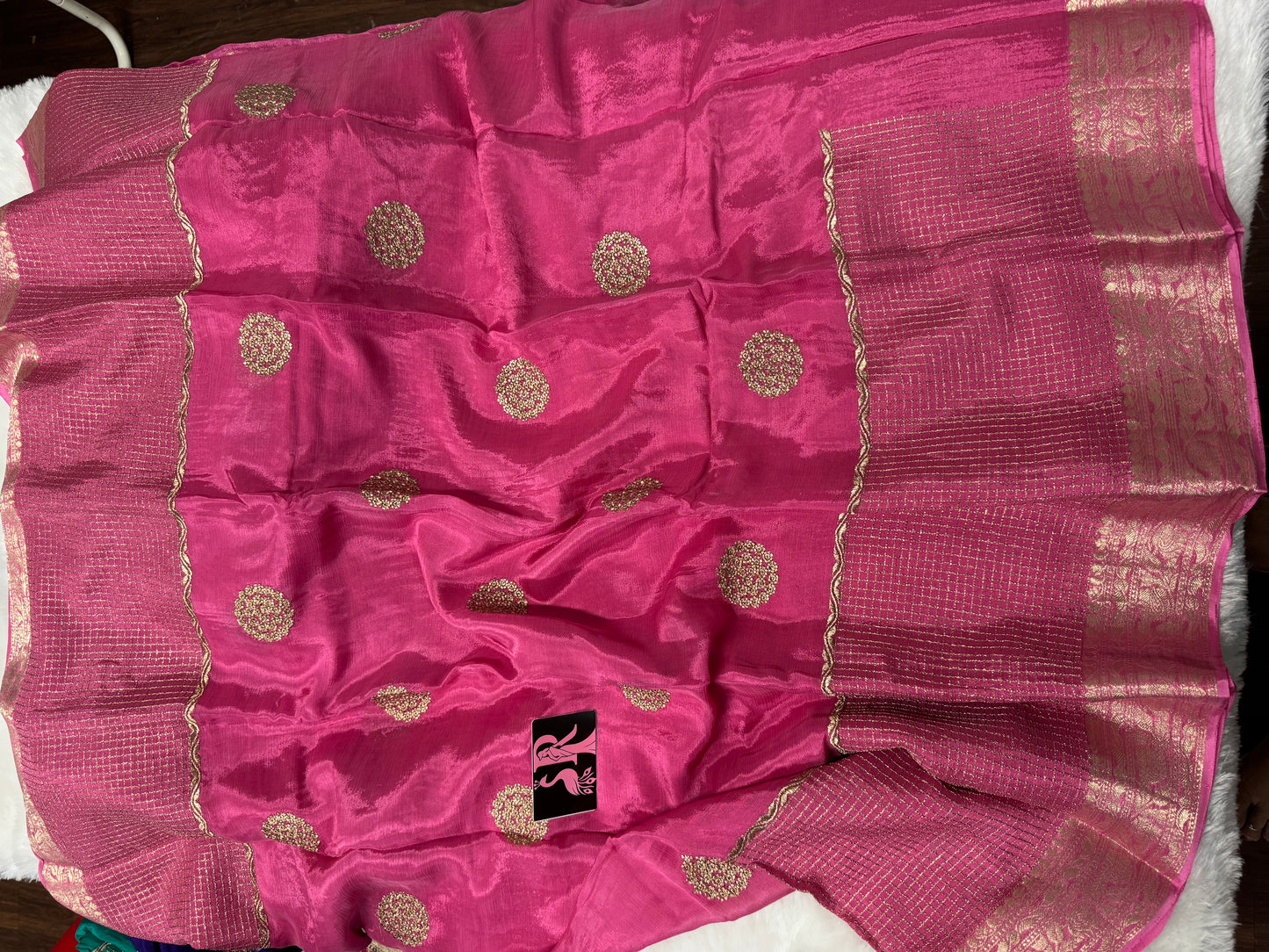 Pure wrinkle chiffon zari checks border-SR1040F