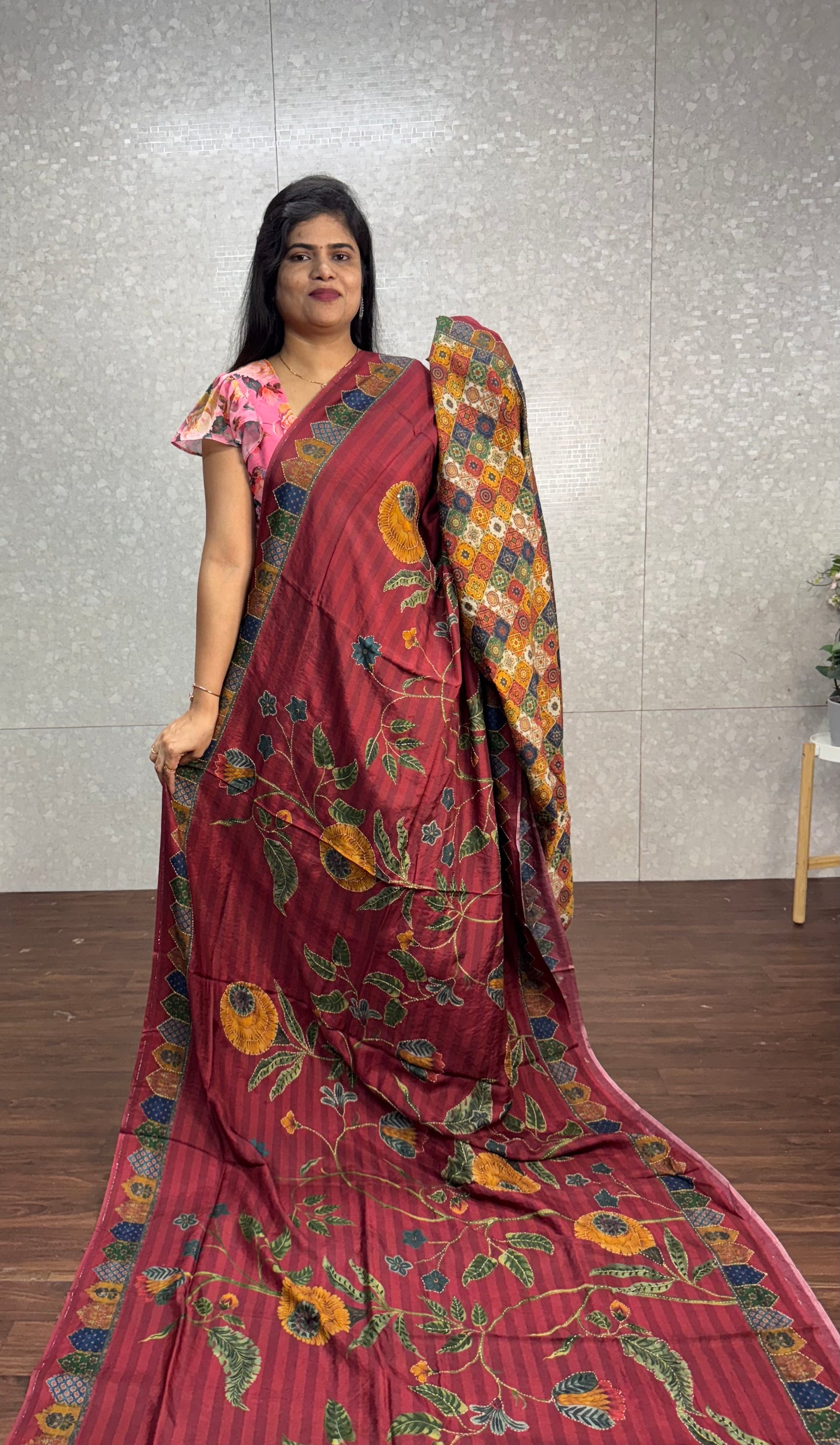 Dola silk Kantha work saree-SR1106C