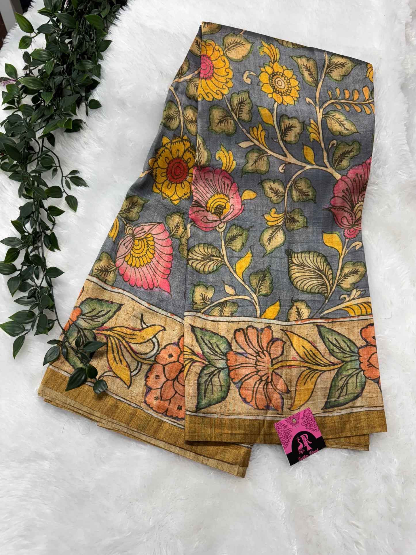 Tassar silk pen Kalamkari print saree-SR1126A