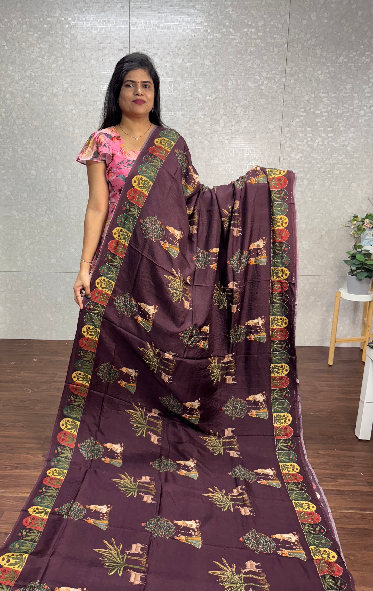 Dola silk Kantha work saree-SR1106G