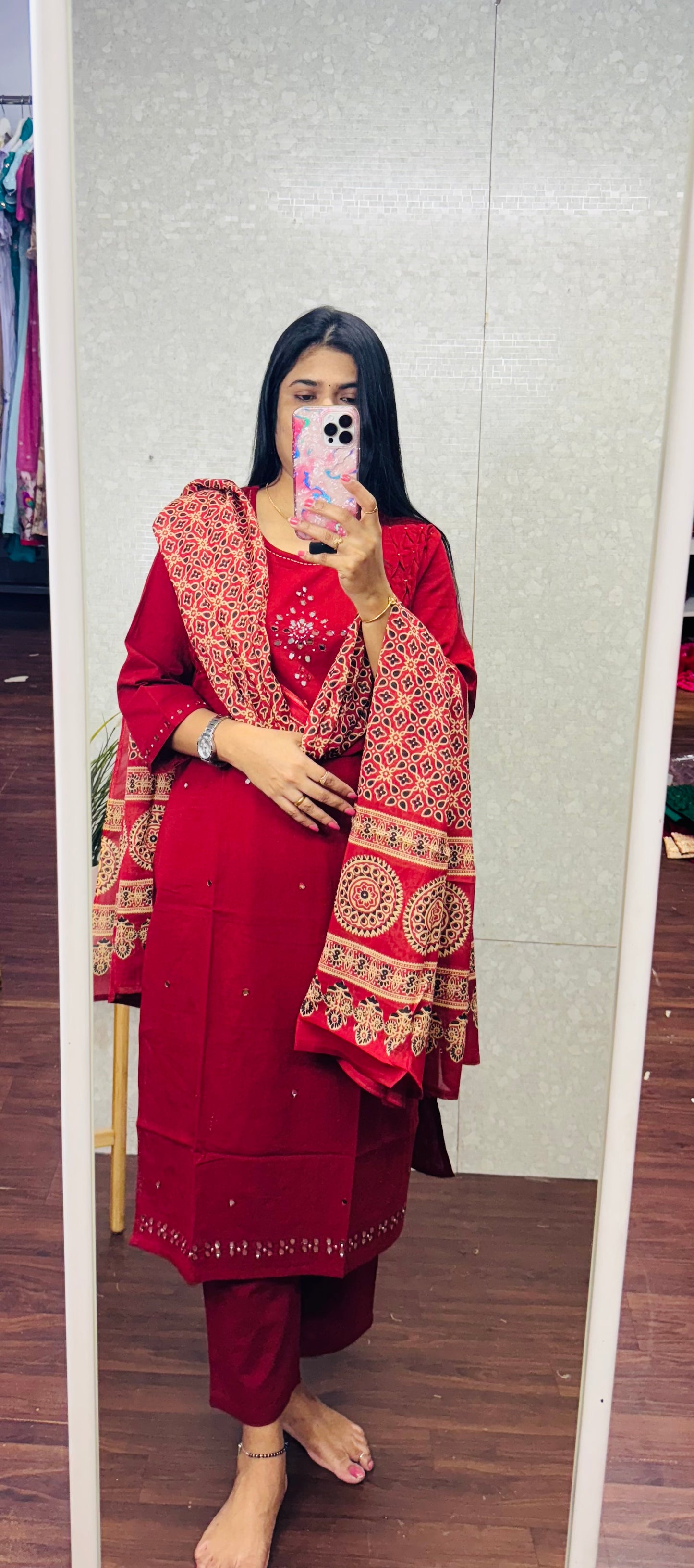 Cotton mirror work suit-SRS043A