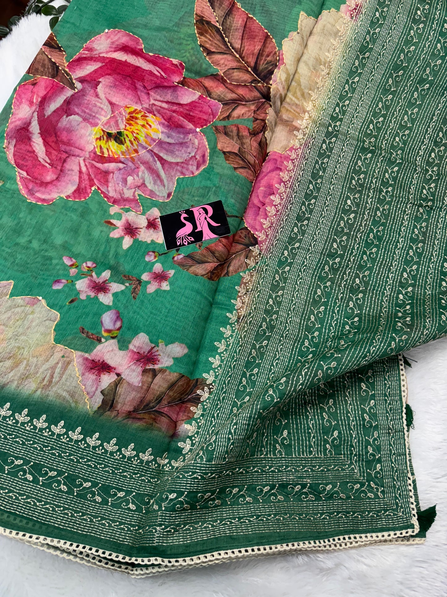 Chanderi Kantha work saree-SR1058B