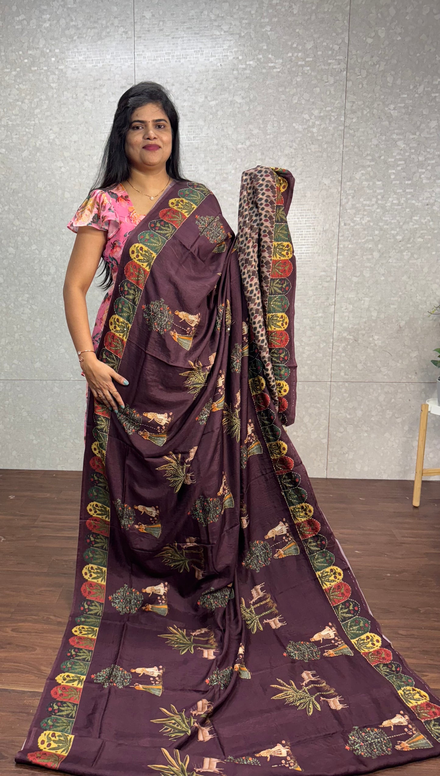 Dola silk Kantha work saree-SR1106G