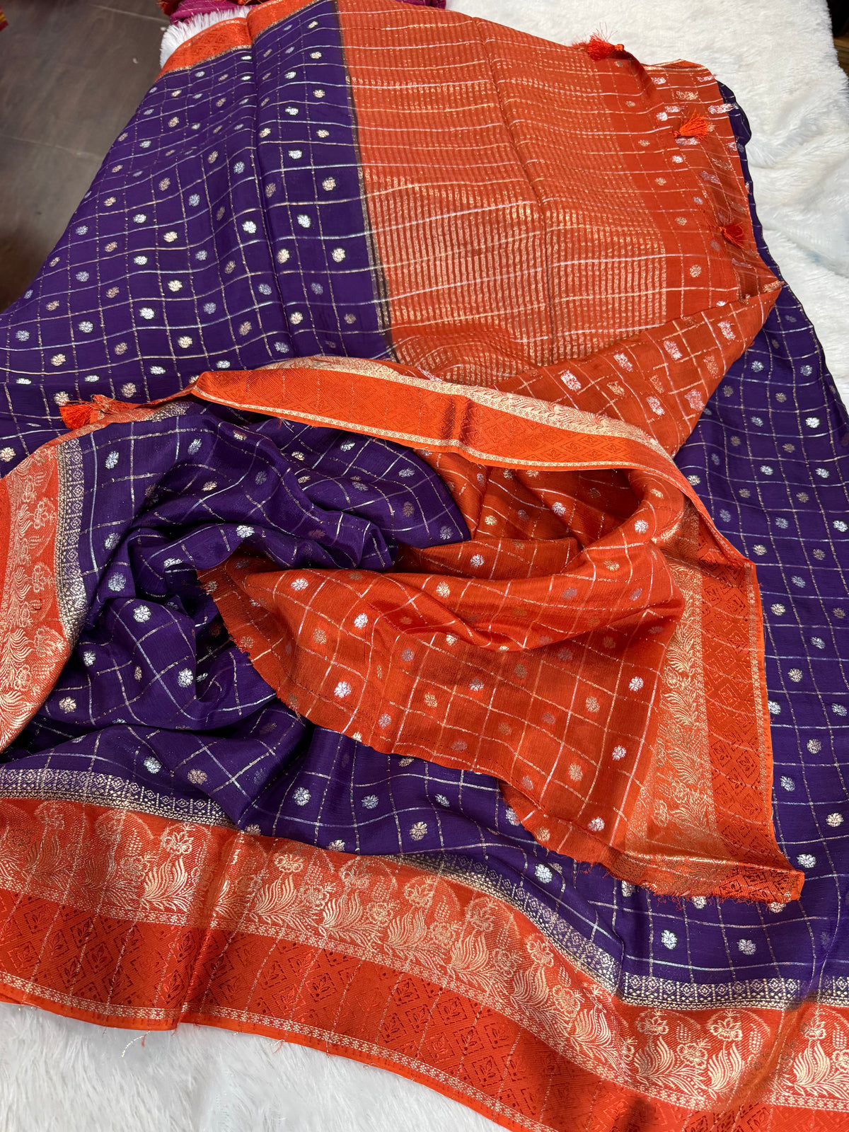 Pure chinnon checks sarees-SR1319D