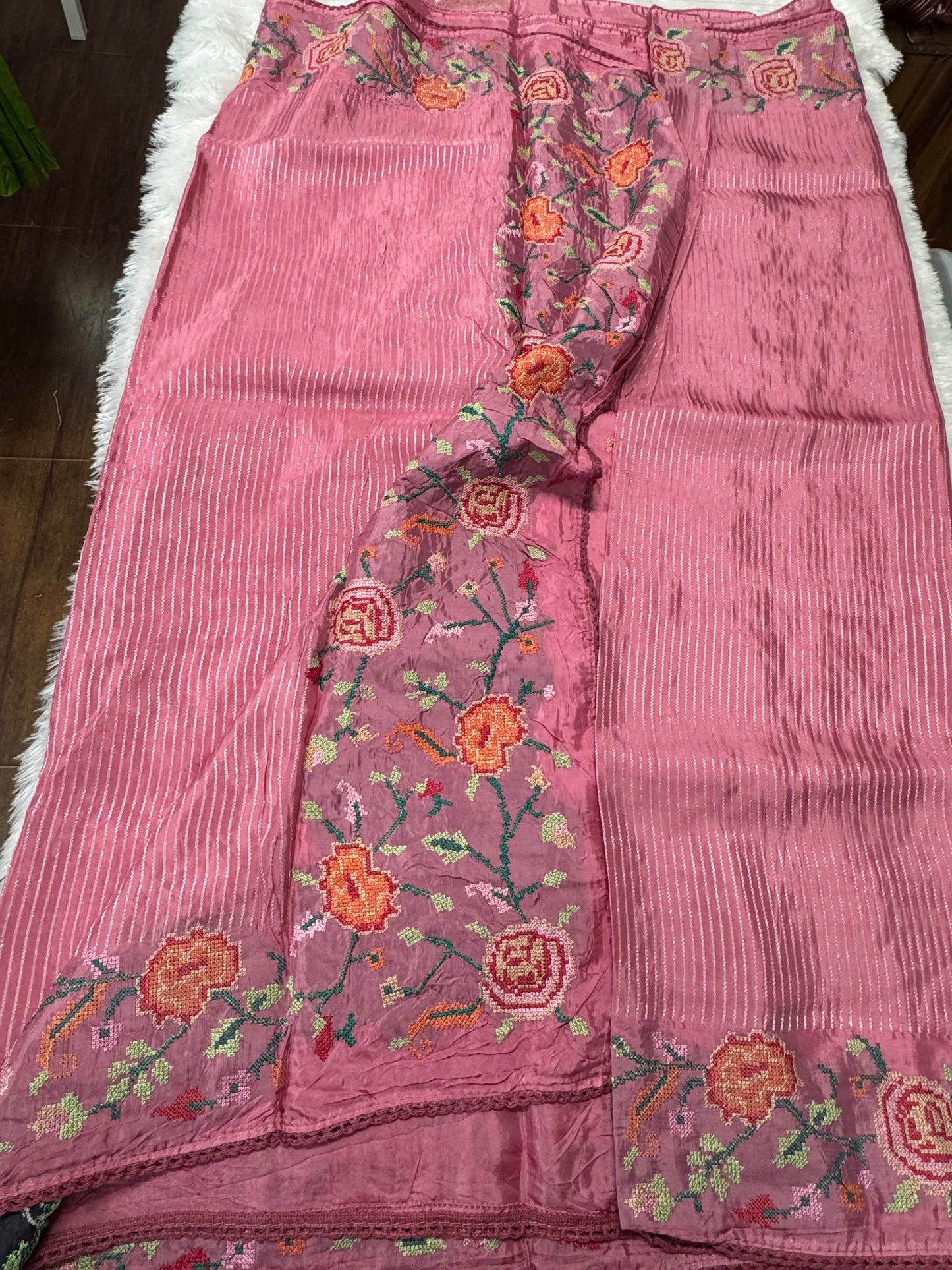 Viscose silk petit point embroidery saree-SR1245B