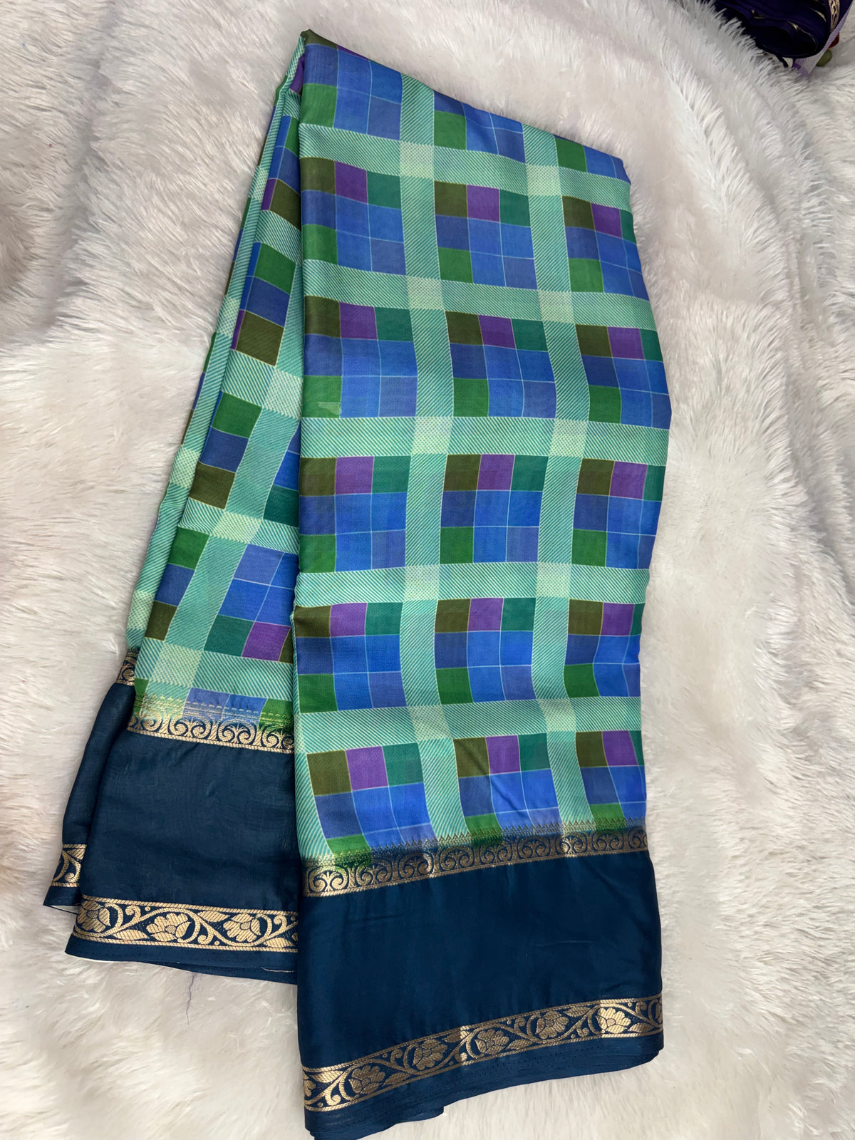 Mysore crepe madras checks saree-SR1328D