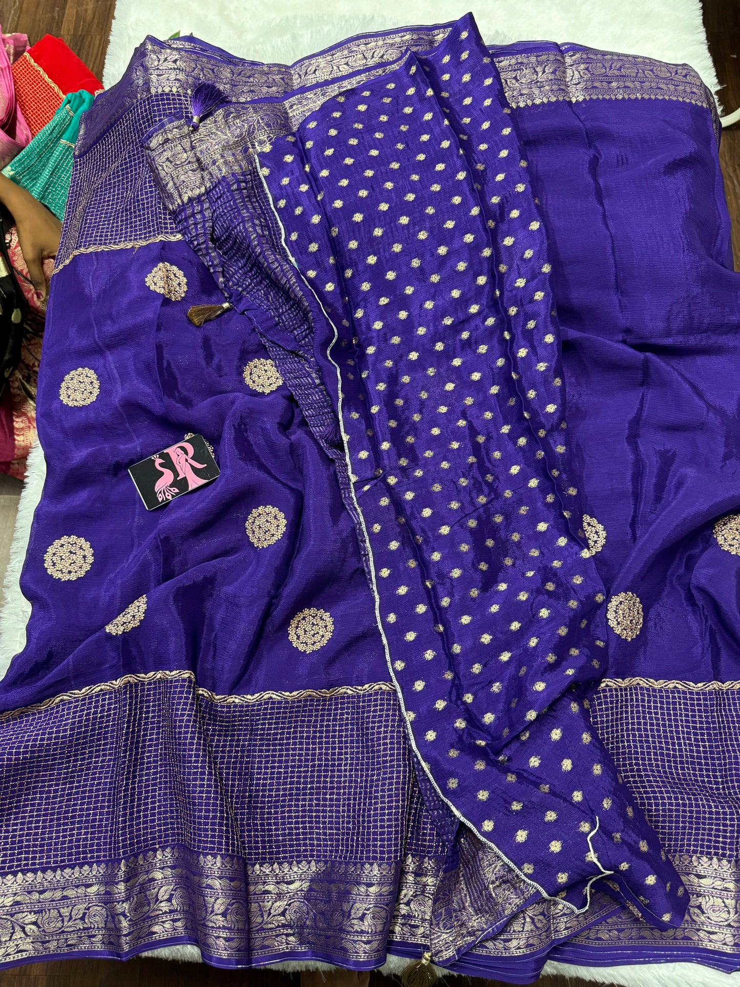 Pure wrinkle chiffon saree zari checks border -SR1040B