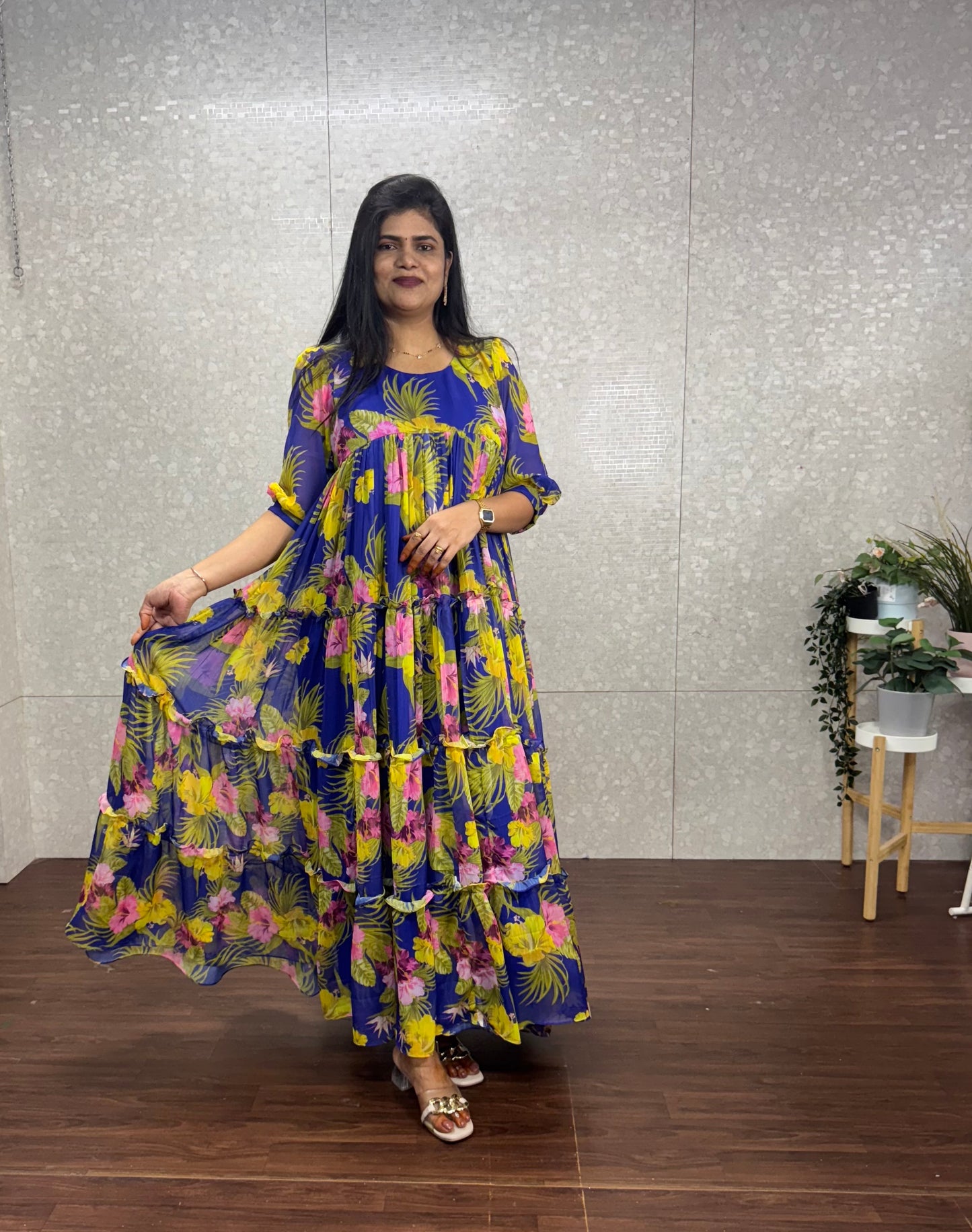 Chiffon Frilled long Gown-SRF1023A