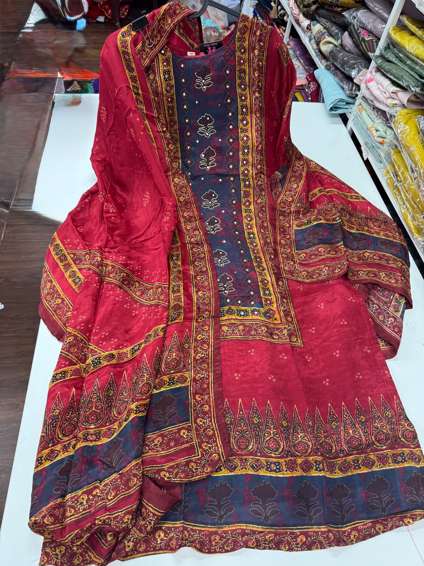Crepe silk ajrakh suit-SRS056D