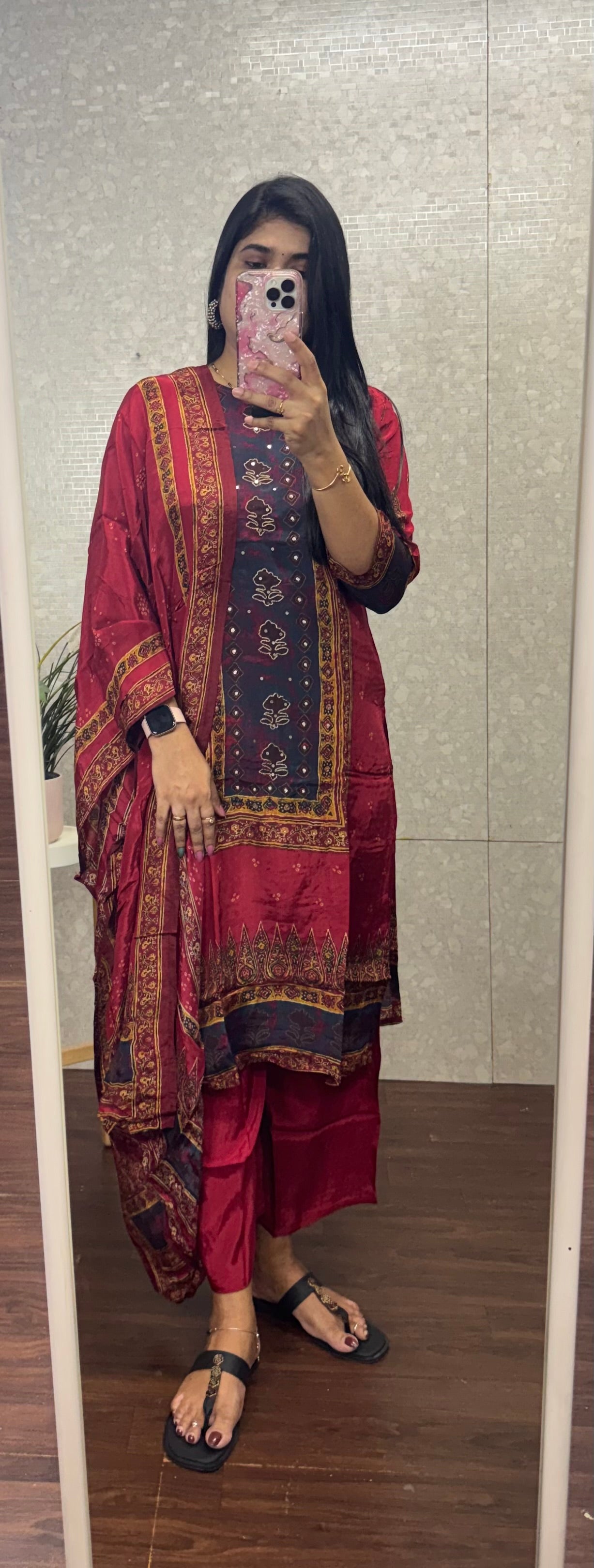 Crepe silk ajrakh suit-SRS056D