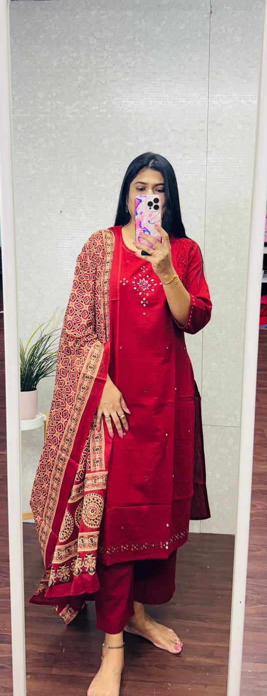 Cotton mirror work suit-SRS043A