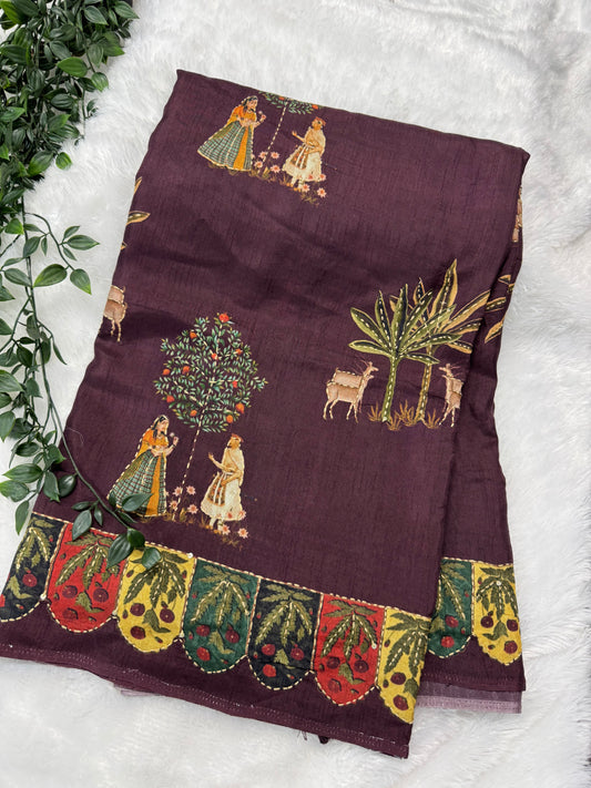 Dola silk Kantha work saree-SR1106G
