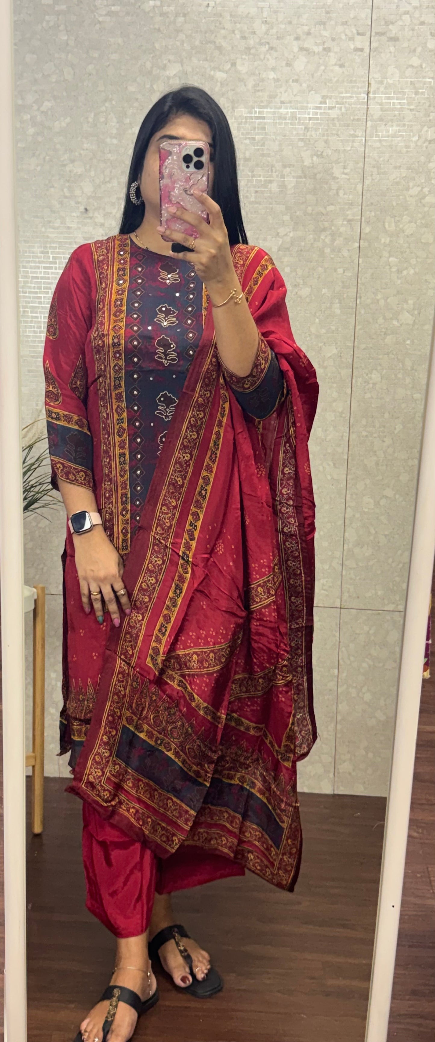 Crepe silk ajrakh suit-SRS056D