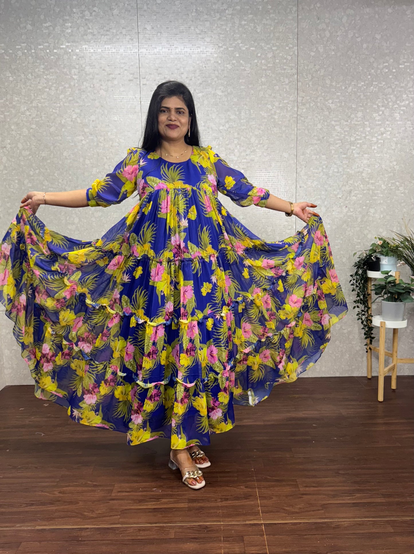Chiffon Frilled long Gown-SRF1023A