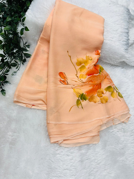 Pure chiffon handpainted saree-SRS027B
