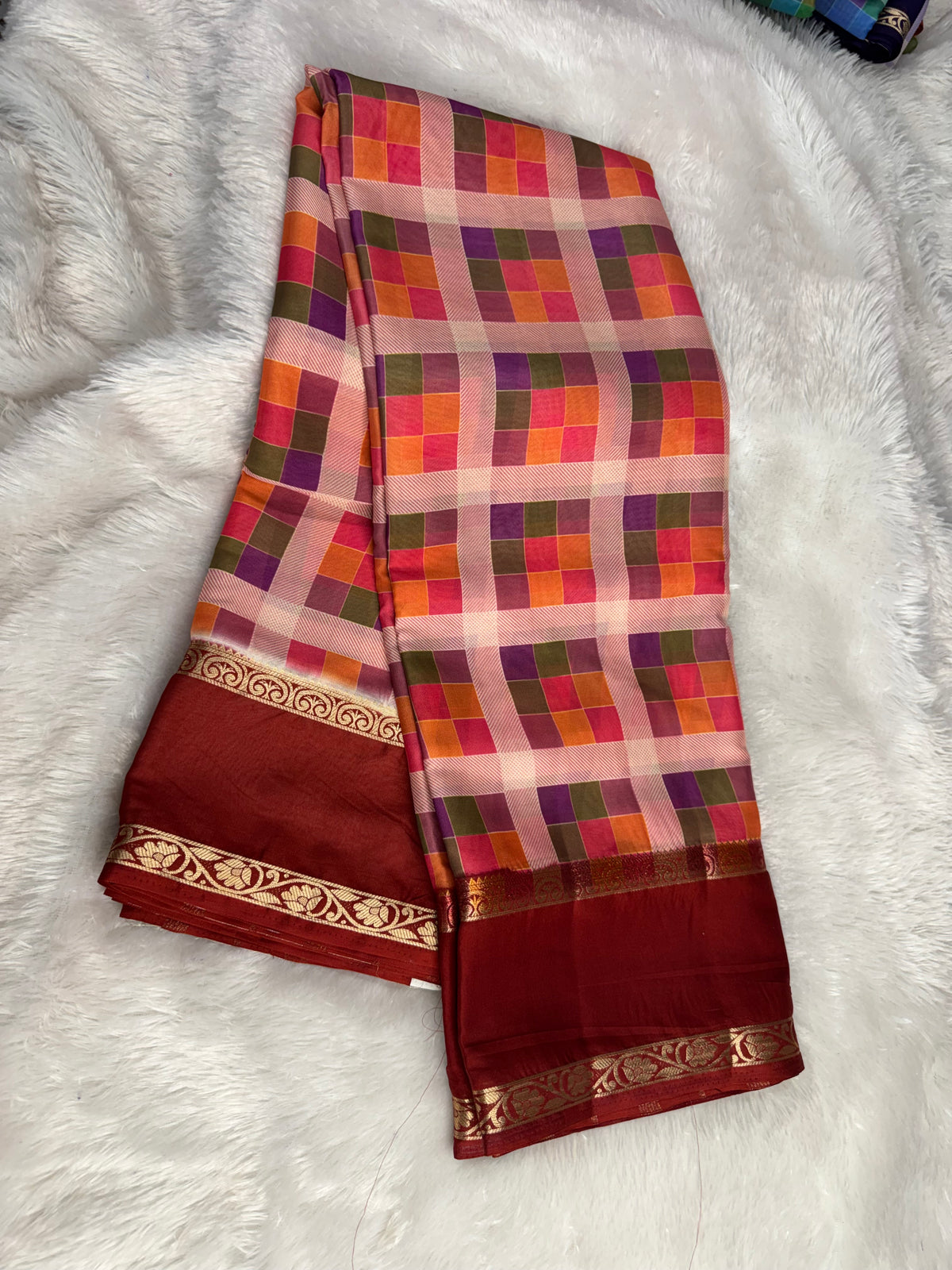 Mysore crepe madras checks saree-SR1328A