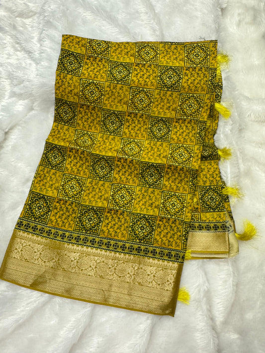 Kanchi crepesilk Ajrakh saree-SR1166B