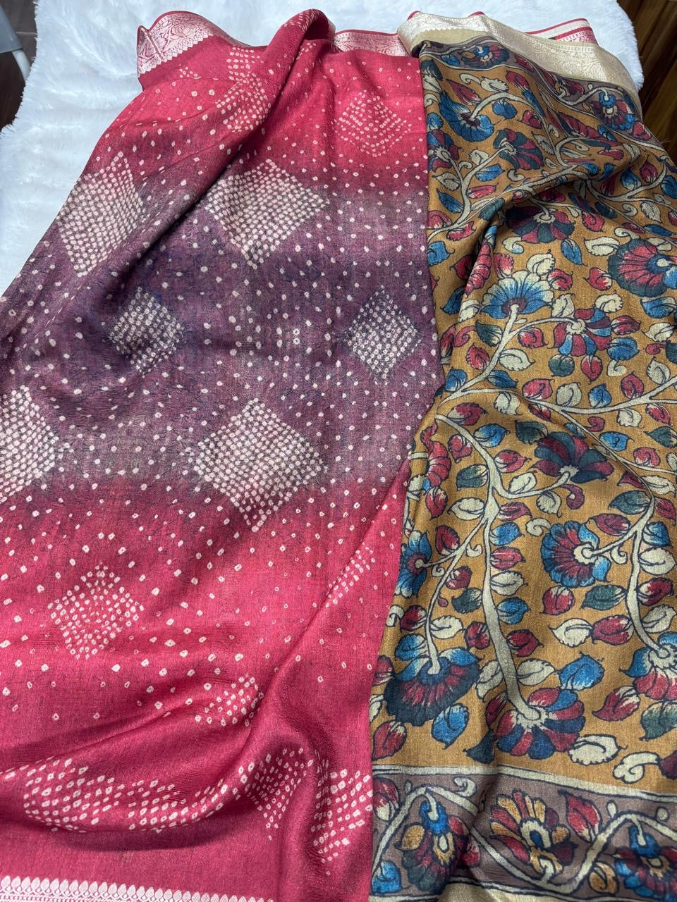 Viscose Tassar bandhini Kalamkari saree-SRCS005