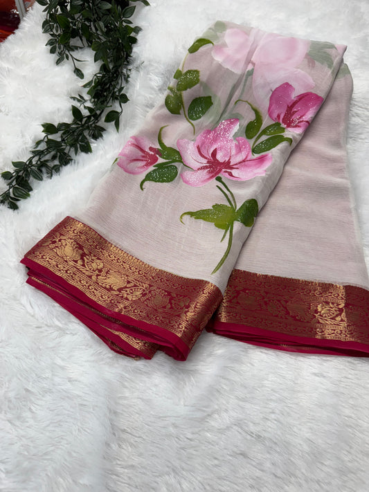 Pure chiffon hand paint sarees-SR1015A