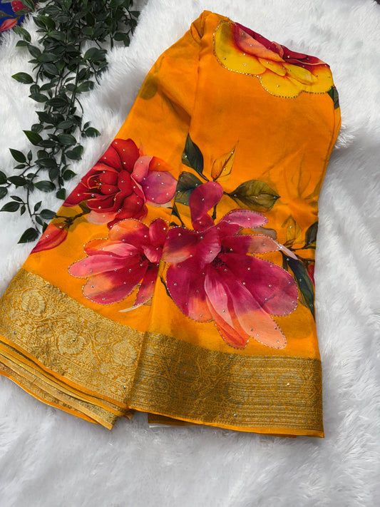 Pure Chinnon digital print embroidery saree-SR1151C