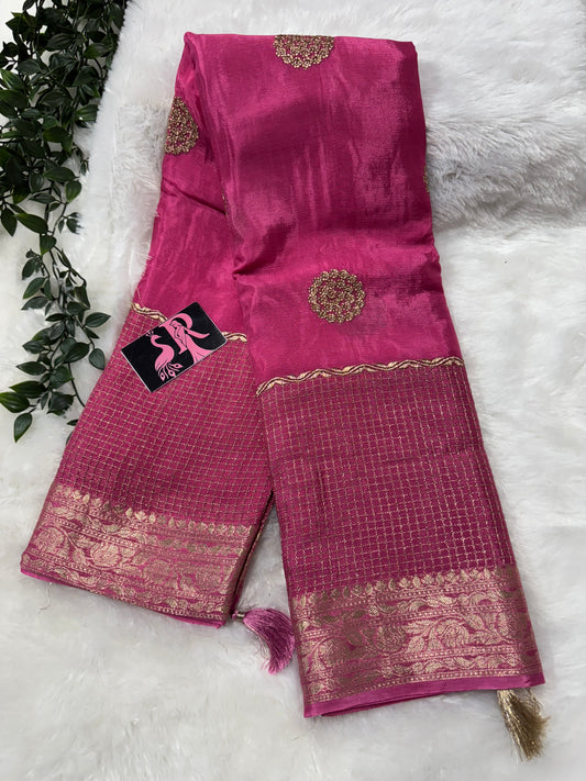 Pure wrinkle chiffon zari checks border-SR1040F