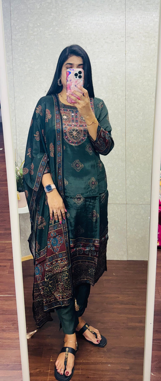 Crepe silk ajrakh suit-SRS056E