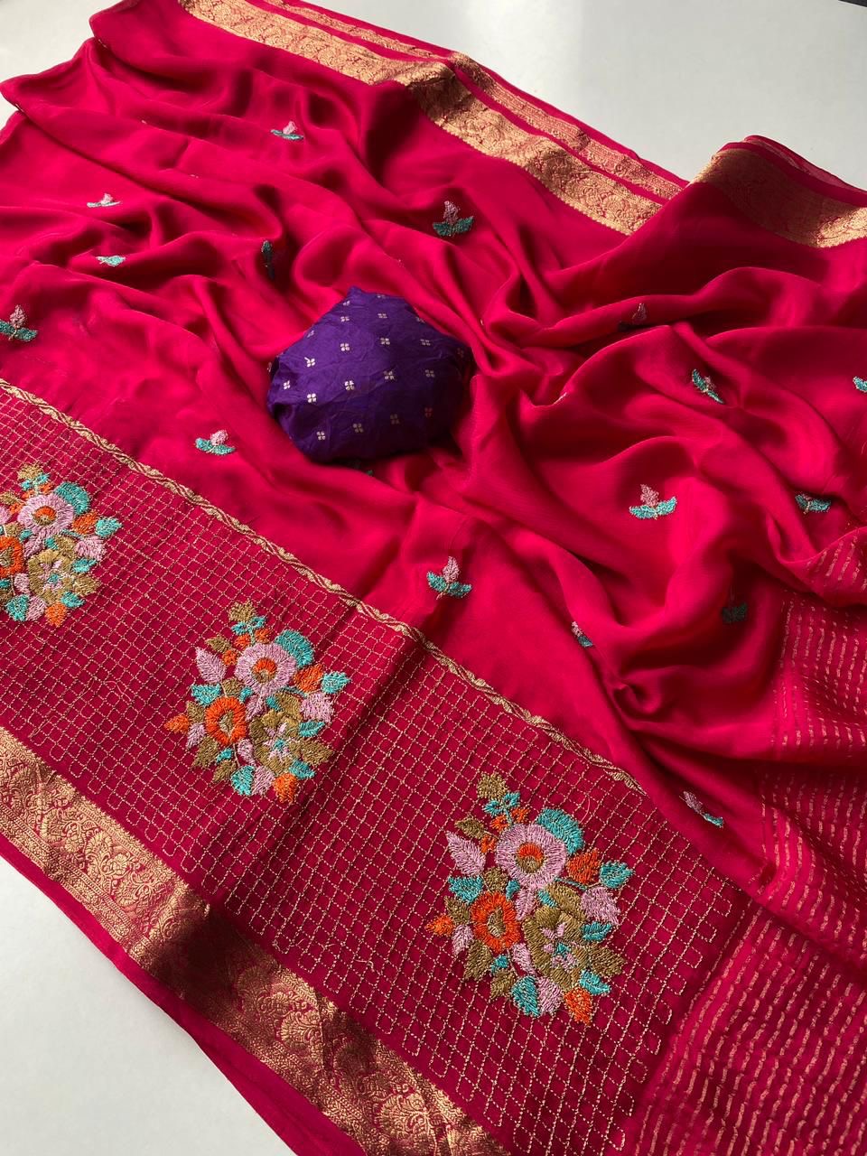 Pure Chinnon embroidery saree-SR1147D