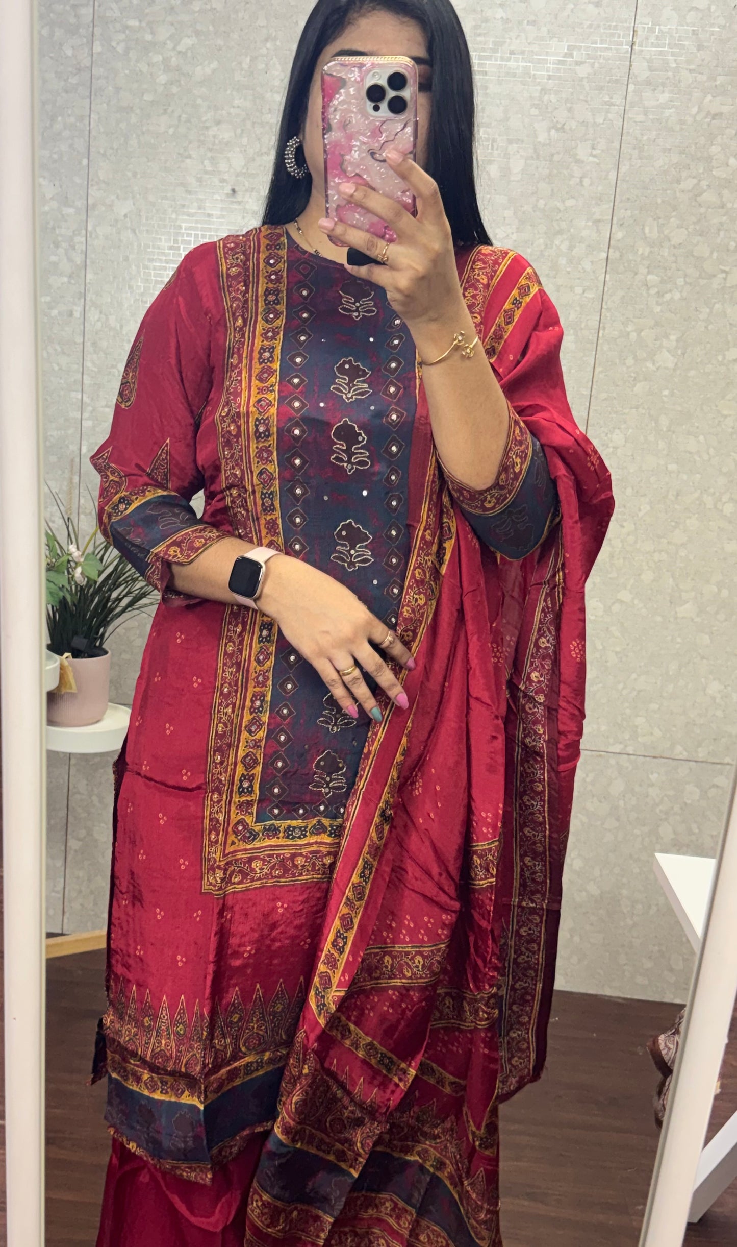 Crepe silk ajrakh suit-SRS056D