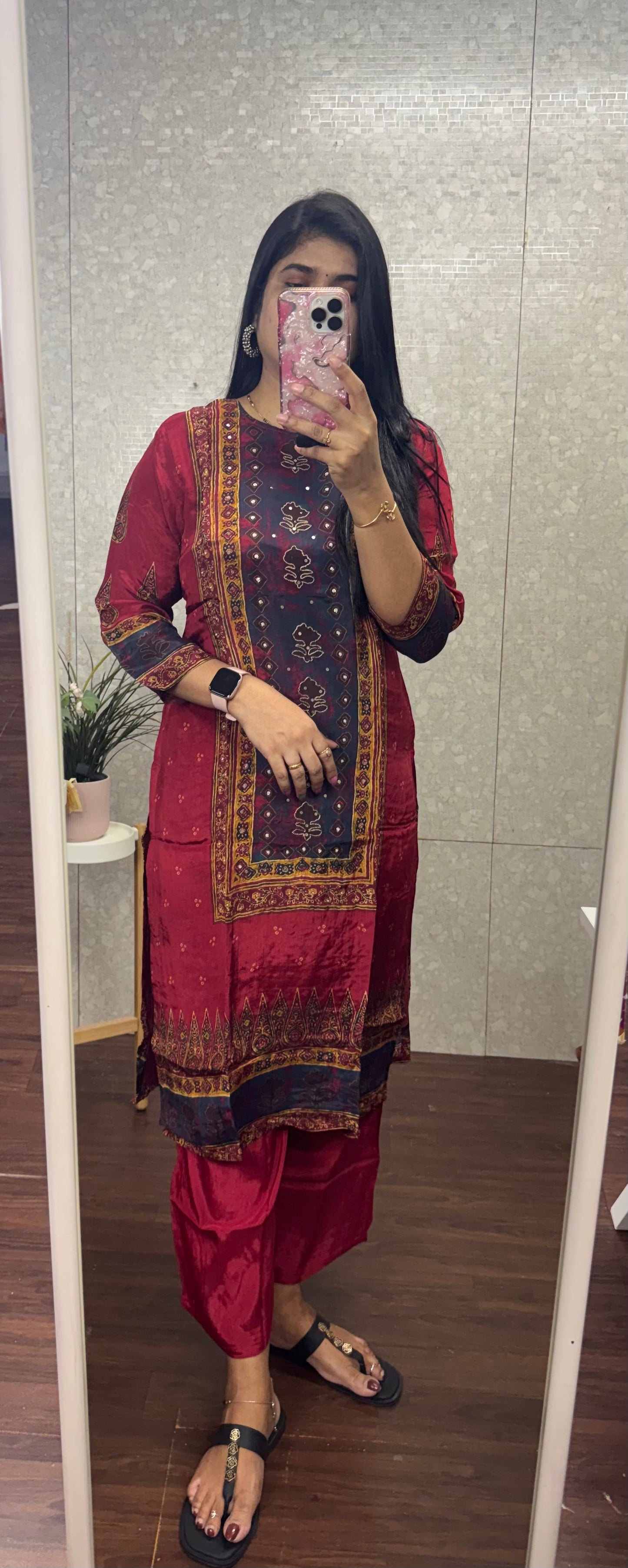 Crepe silk ajrakh suit-SRS056D